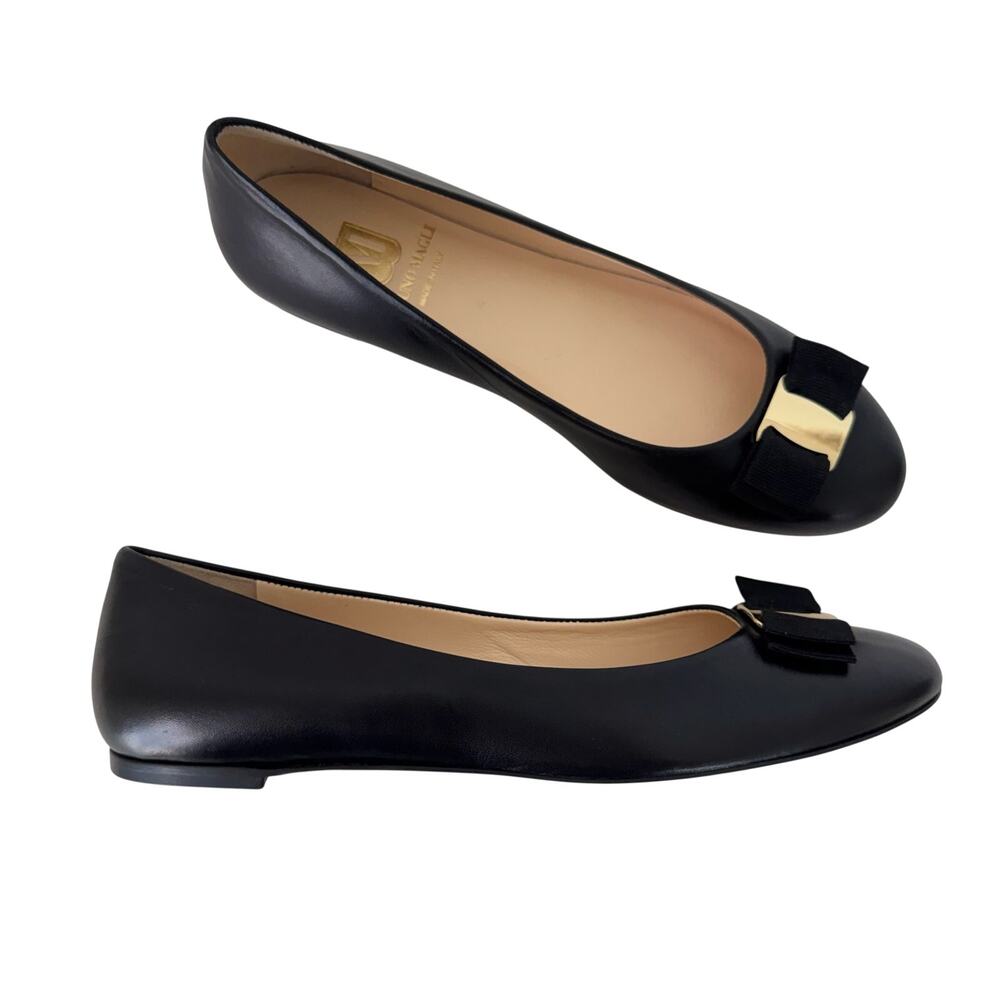 Bruno Magli Mina Black Leather Ballet Flats Shoes Rounded Toe Gold-Tone Bow 8